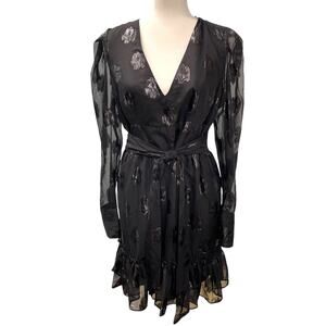 Bar iii Black Cocktail Party Dress Deep V Sheer Sleeves Shimmer NYE NWT M